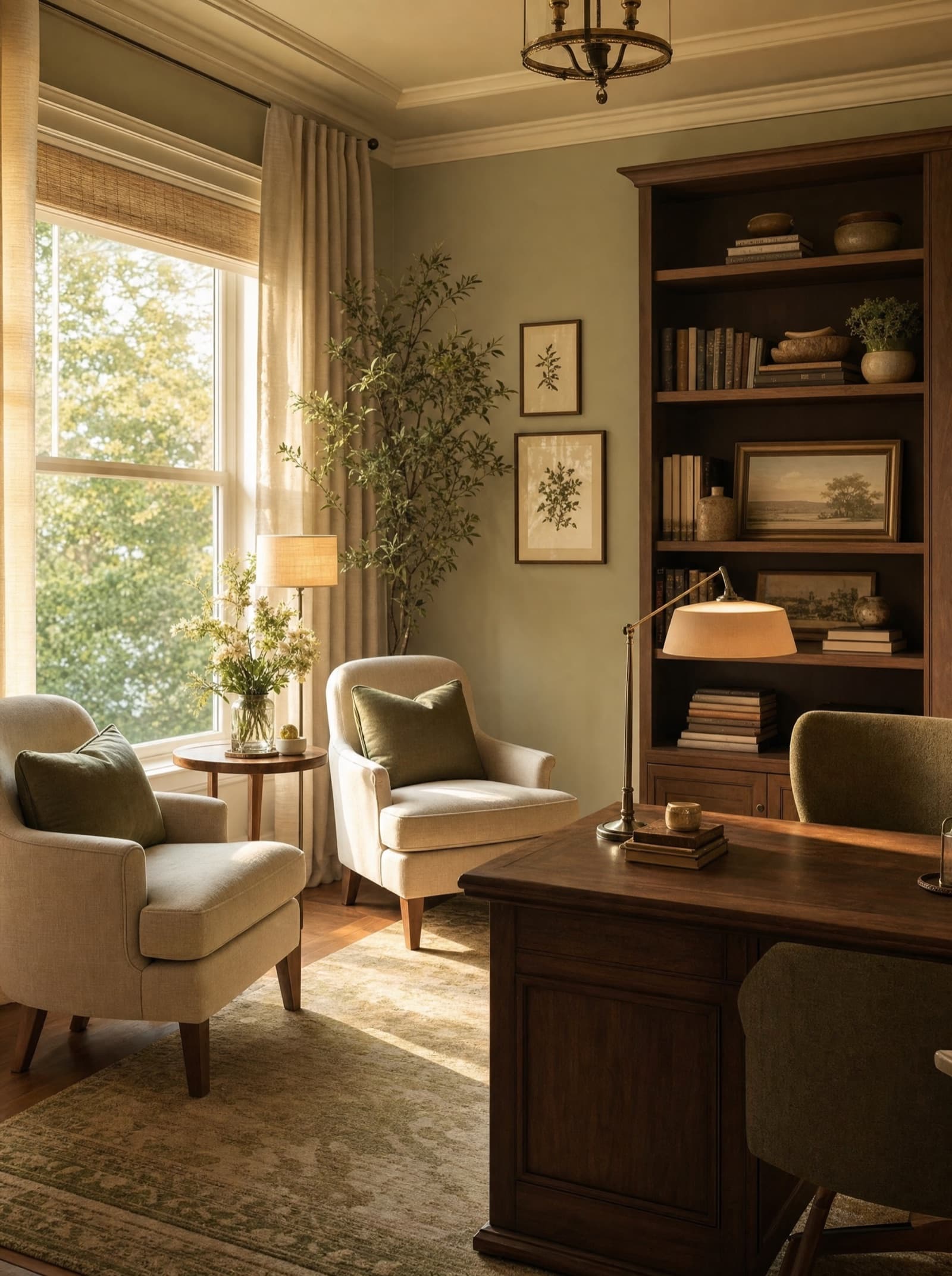An elegant consultation room with two armchairs by a sunlit window