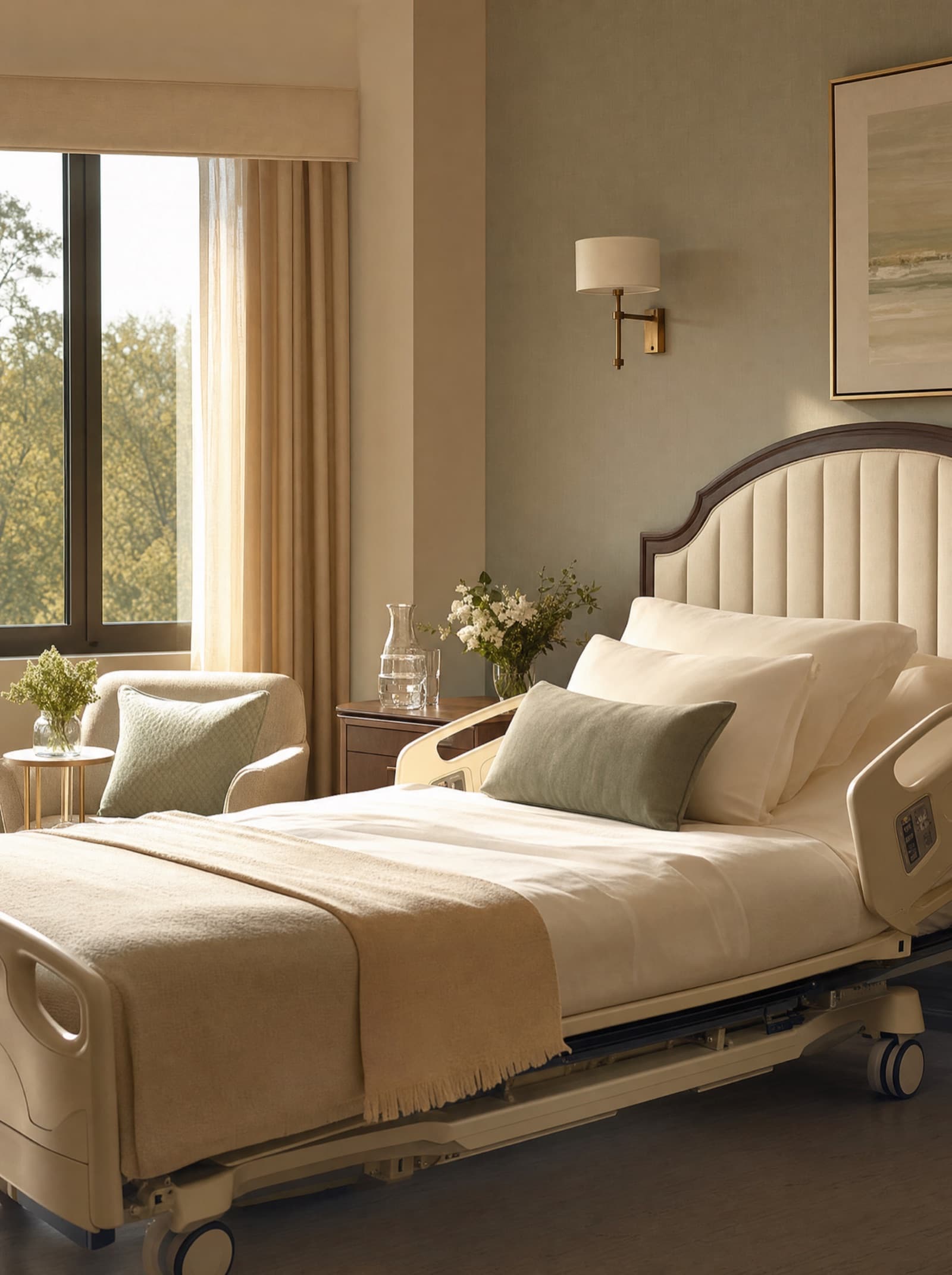 A calm private recovery suite with soft cream bedding and warm afternoon light